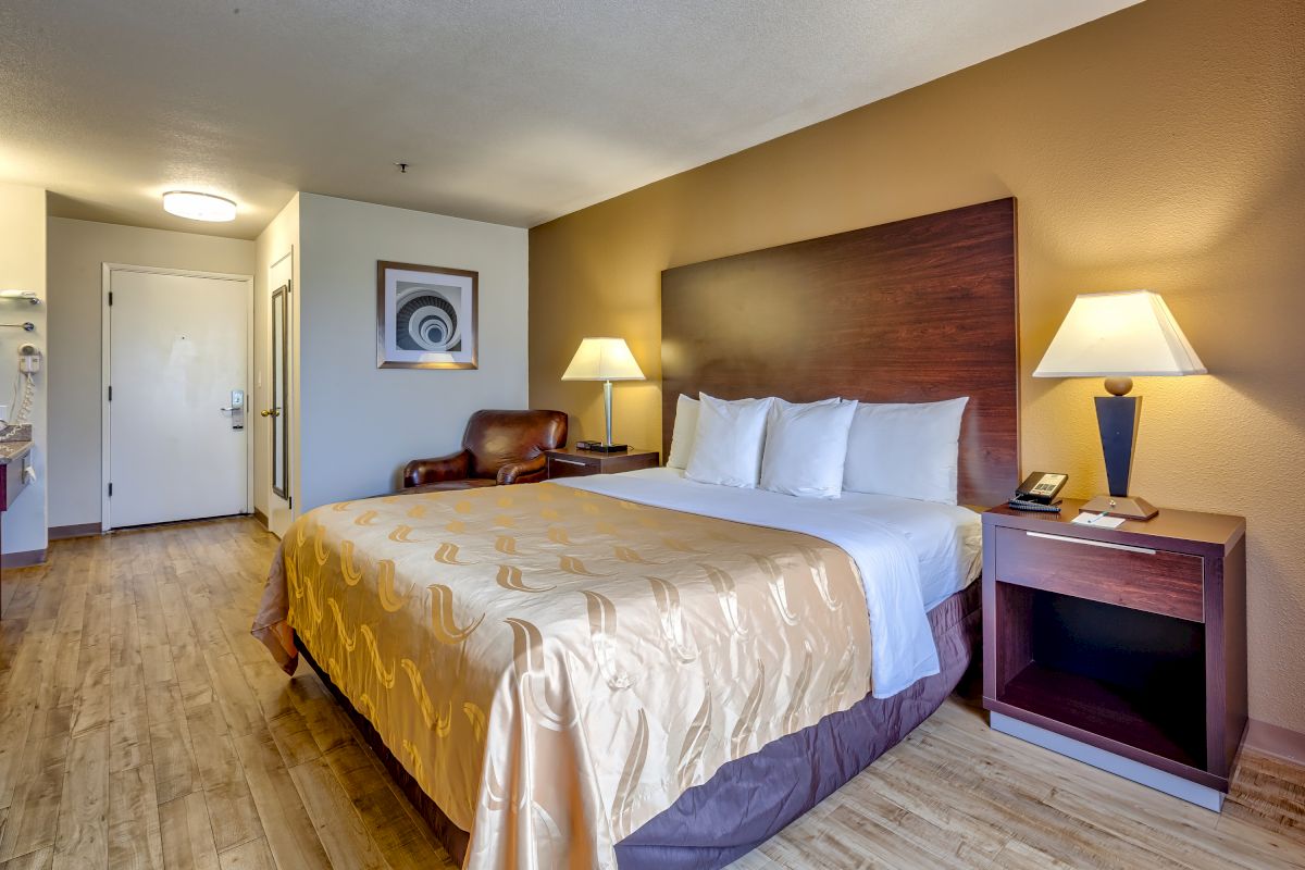 This image shows a well-lit hotel room with a large bed, a nightstand, lamps, an armchair, artwork on the wall, and wood-patterned flooring.