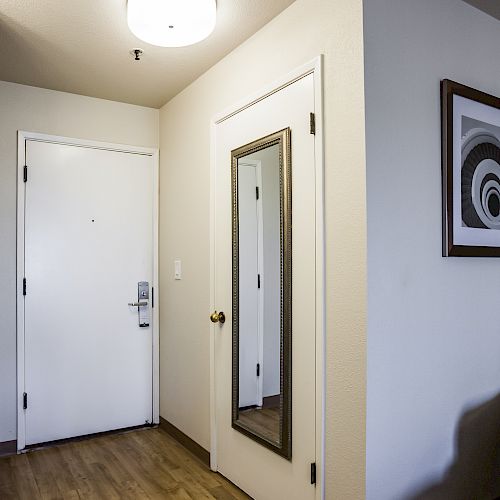 This image shows a hallway with a wooden floor, a white door, a wall-mounted mirror, a ceiling light, and a framed abstract art piece.