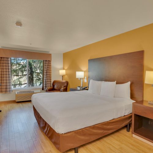 The image shows a hotel room with a large bed, wooden flooring, two lamps, a window with curtains, a TV, and a chair.
