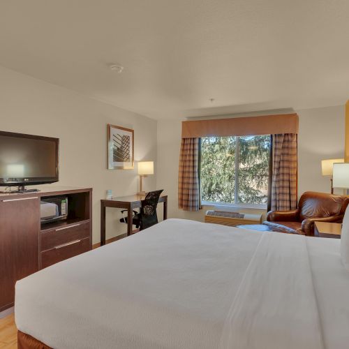 A hotel room with a bed, TV, desk, chair, and window with a view. The decor is simple, with neutral tones and wooden furniture.