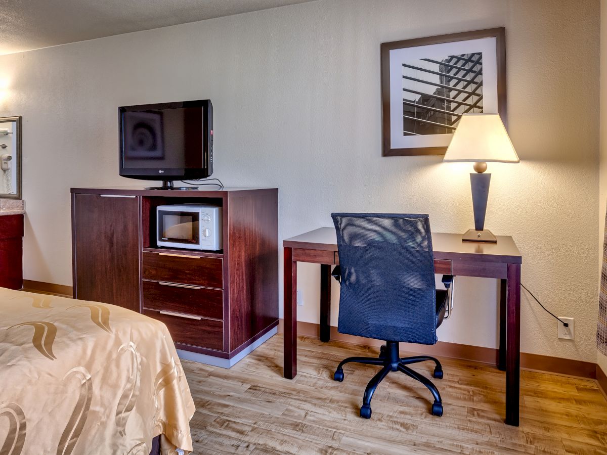 A hotel room with a TV on a cabinet, microwave, desk with a chair, table lamp, framed art, part of a bed, and a sink area visible.