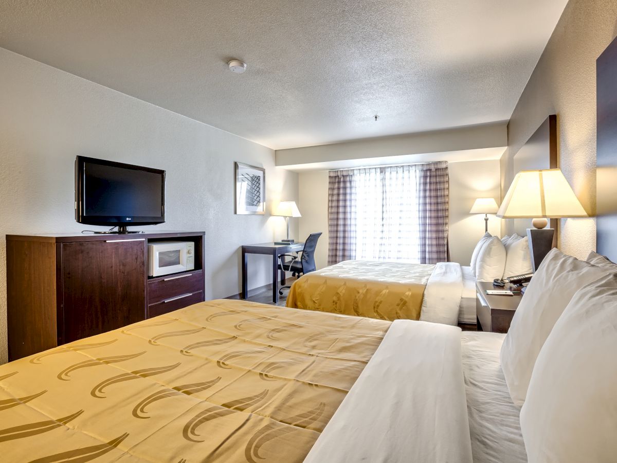 This image shows a hotel room with two beds, a TV on a dresser, a desk with a chair, and two lamps on bedside tables. The window has checkered curtains.